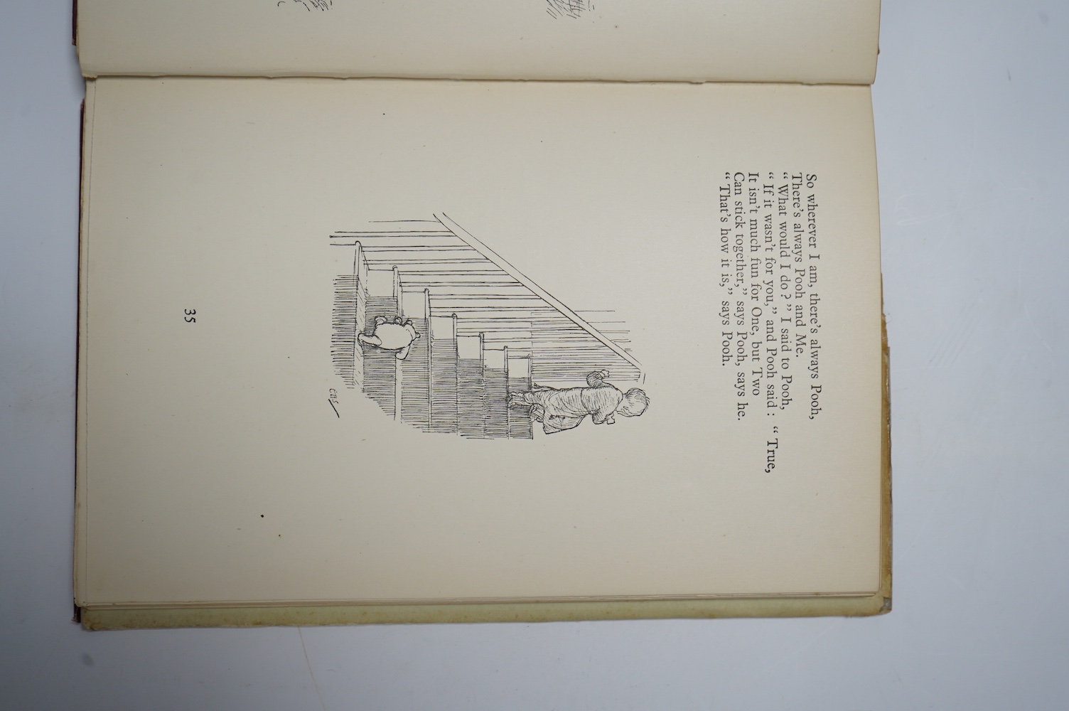 Milne, A.A. - Now We Are Six. With decorations by Ernest H. Shepard. First Edition. pictorial title and num. text illus and on e/ps.; original gilt ruled and pictorial red cloth, gilt top, in the pictorial d/wrapper, sm.